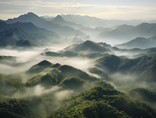 Las montañas están cubiertas de niebla y el sol se está poniendo.