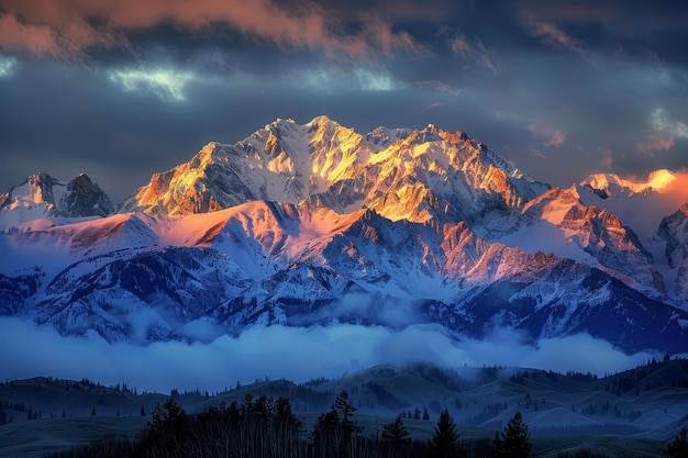 Las montañas están cubiertas de nieve y el sol está brillando sobre ellas.