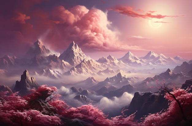 montañas con flores rosas y un cielo rosado con nubes generativo ai