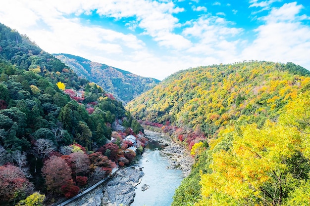 Montañas de hojas coloridas y el río Katsura en el paisaje de Arashiyama, punto de referencia y popular para las atracciones turísticas en Kioto, Japón Otoño Temporada de otoño Concepto de vacaciones y turismo
