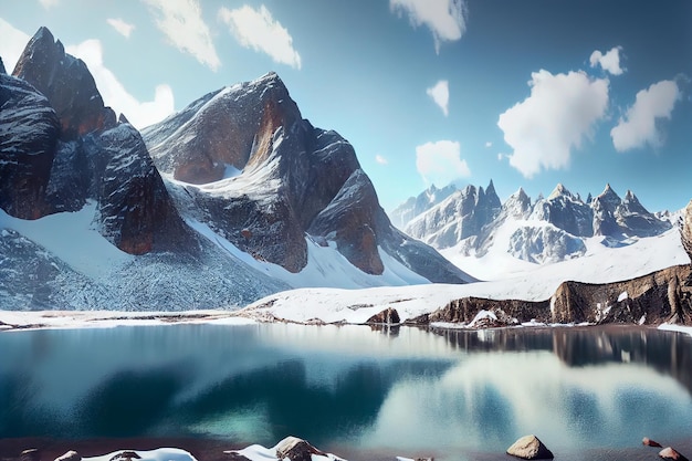 Montañas de invierno y lago en un día soleado Ilustración 3d AI generativa