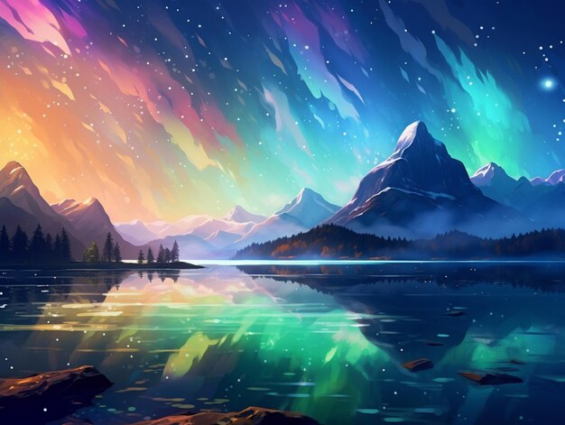 montañas y un lago con una brillante aurora en el cielo ai generativa