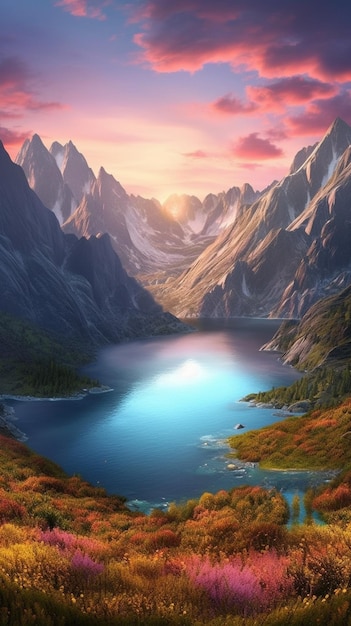 Montañas y un lago en el medio de un valle con una puesta de sol generativa ai