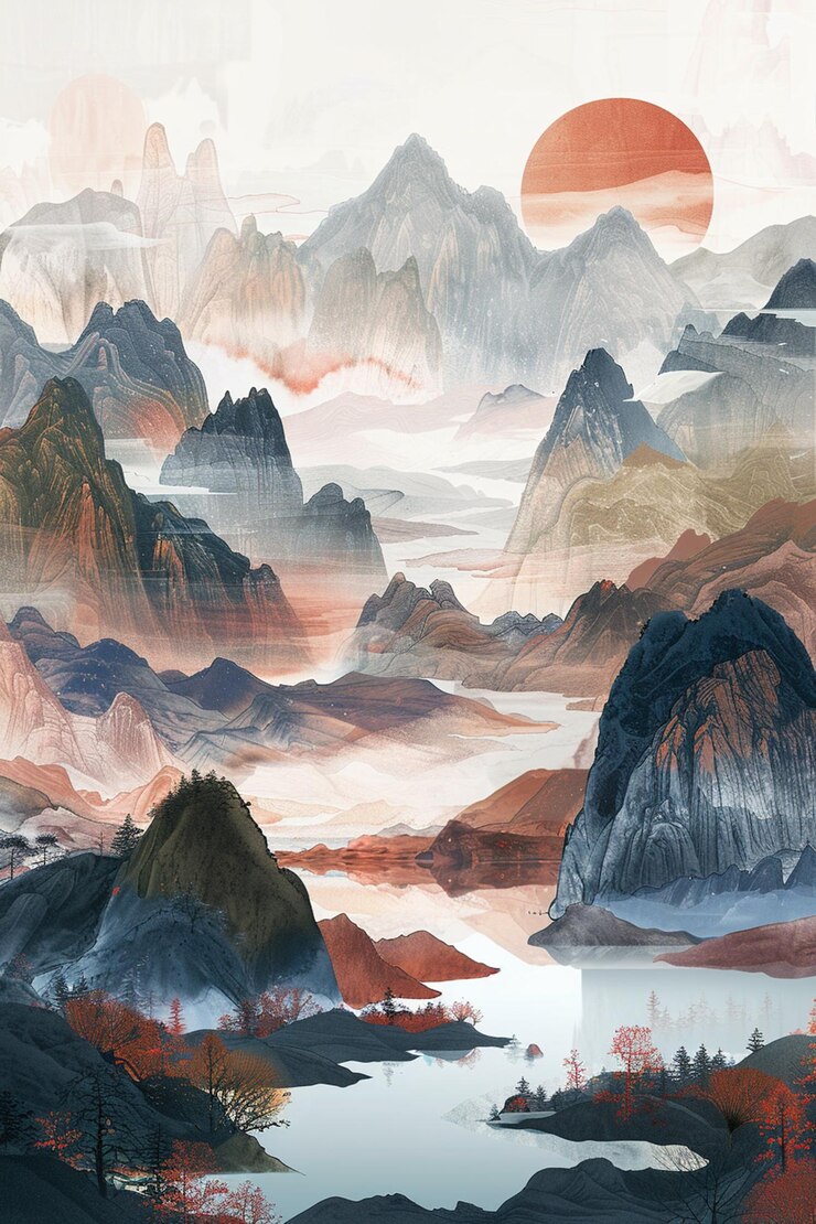 montañas con un lago y una puesta de sol en el fondo generativo ai