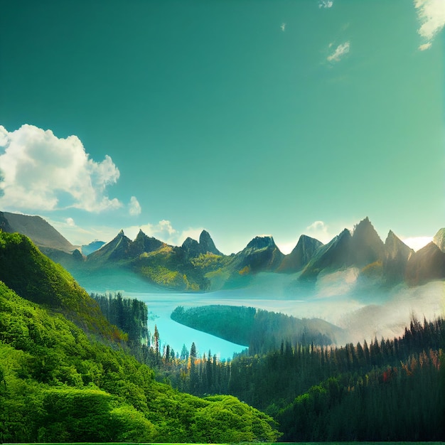 Montañas y un lago rodeado de hierba verde y árboles generativos ai