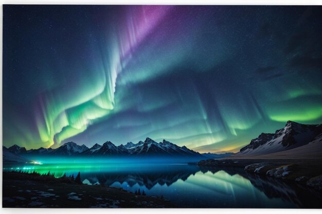 Montañas majestuosas y un lago tranquilo bajo una fascinante aurora boreal