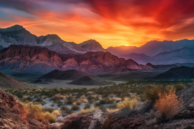 Montañas majestuosas con puestas de sol de cañón ardiente en el fondo creadas con ai generativo