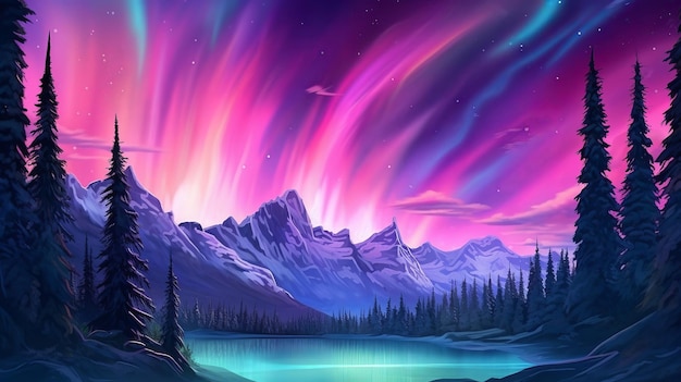 Foto montañas molestas con aurora borealis fuchsia sky foundation con copyspace recurso creativo generado por ia