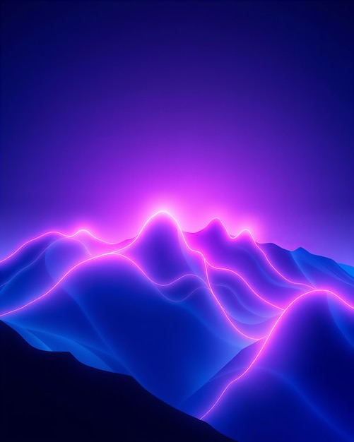 Las montañas de neón brillantes al anochecer Un paisaje cyberpunk
