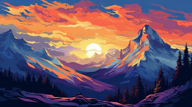 Montañas Nevadas Estilo Impresionista Majestuosa Grandeza Espectacular Puesta De Sol Iluminación Paisaje