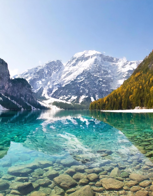 Montañas nevadas en invierno y un lago de aguas cristalinas