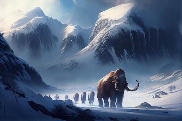 Montañas nevadas con una manada de mamuts moviéndose por el valle