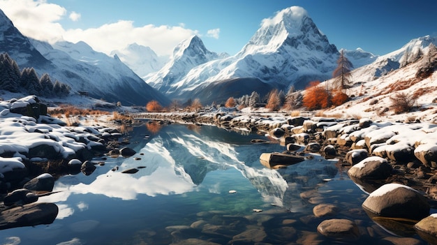 Montañas nevadas reflejadas en el lago