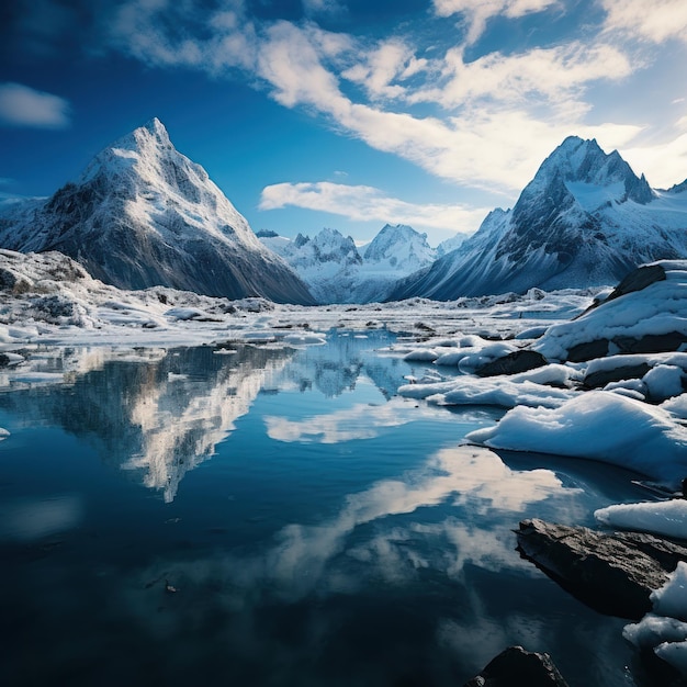 Las montañas nevadas se reflejan en el agua tranquila alrededor de la capa de hielo