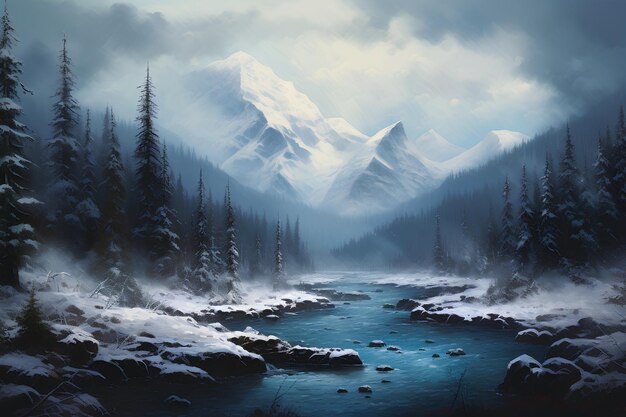 Las montañas nevadas y el río azul en invierno