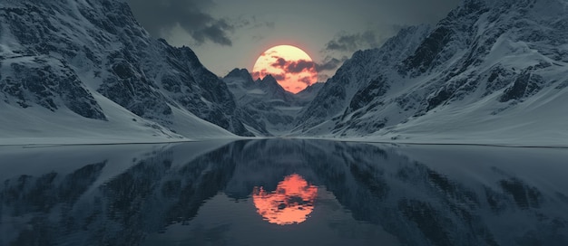 Montañas nevadas con un sol rojo