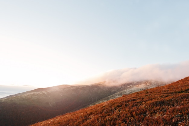 montañas en la niebla y el amanecer de la mañana