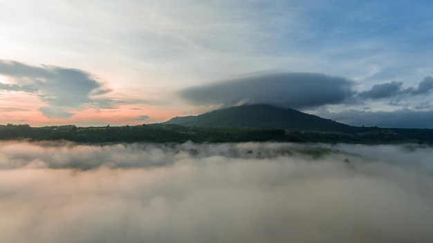 Montañas en la niebla en el hermoso otoño en Phetchabun Tailandia Niebla montaña valle nubes bajas bosque colorido cielo con pinos en el bosque de niebla de abeto con amanecer brillante