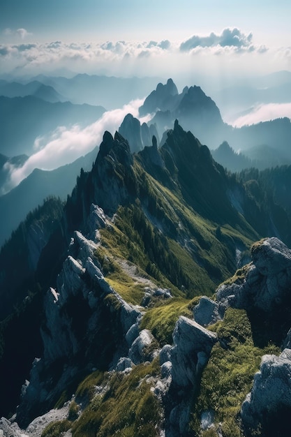 Montañas en las nubes al amanecer en verano Vista aérea del pico de la montaña con árboles verdes en la niebla Hermoso paisaje con bosque de rocas altas