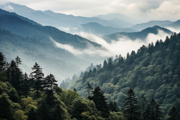 Montañas nubladas humeantes árboles paisaje Belleza verde Generar AI