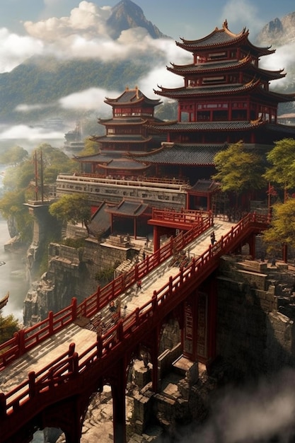 montañas y un puente con una pagoda en el fondo generativo ai