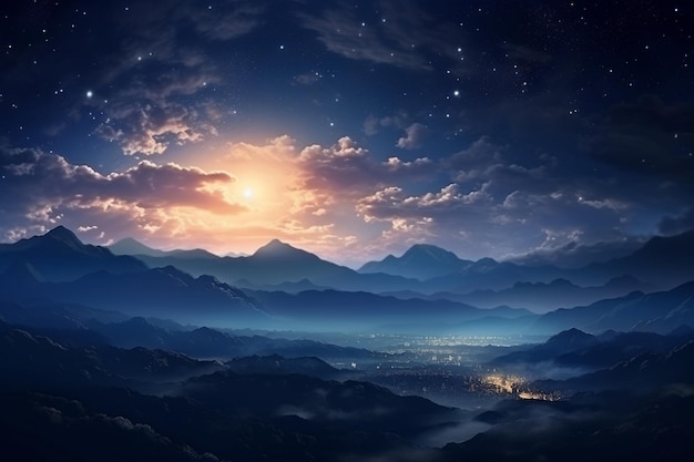 montañas en la puesta de sol cielo con estrellas mucho espacio de copia del cielo