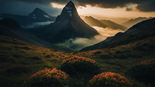 Montañas durante la puesta de sol Hermosos paisajes naturales en verano