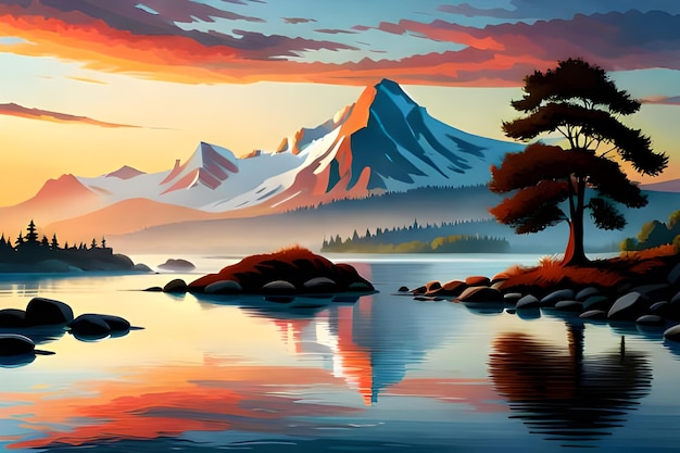 Montañas reflejadas en el lago al atardecer Ilustración vectorial del paisaje generativo ai