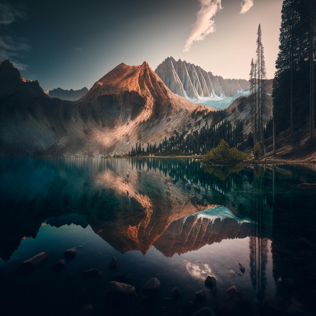 Montañas reflejadas en un lago con algunos árboles en primer plano ai generativo