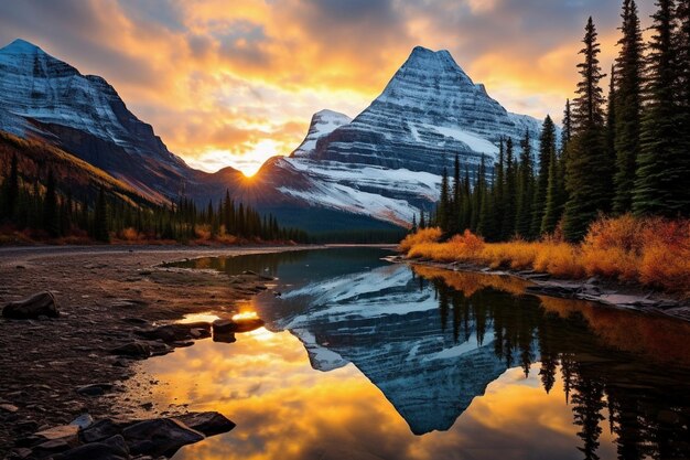 montañas reflejadas en un lago con árboles