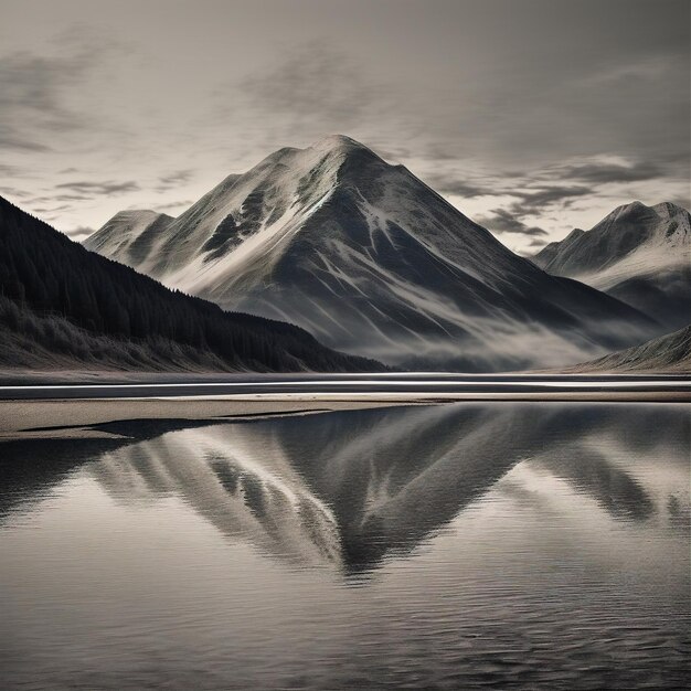 montañas reflejadas en un lago con un cielo nublado