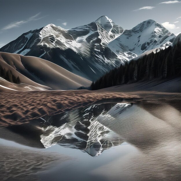 montañas reflejadas en un lago con dunas de arena y árboles