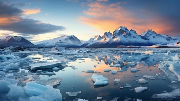 Foto las montañas se reflejan en el agua de un lago con hielo generativo ai
