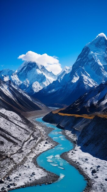 Foto montañas con un río que corre a través de ellos y un cielo azul generativo ai