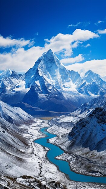 Foto montañas con un río que corre a través de ellos y un cielo azul generativo ai