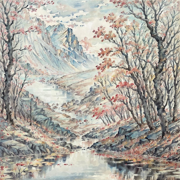 Montañas, ríos y árboles de otoño en el valle, estilo de pintura asiático antiguo.