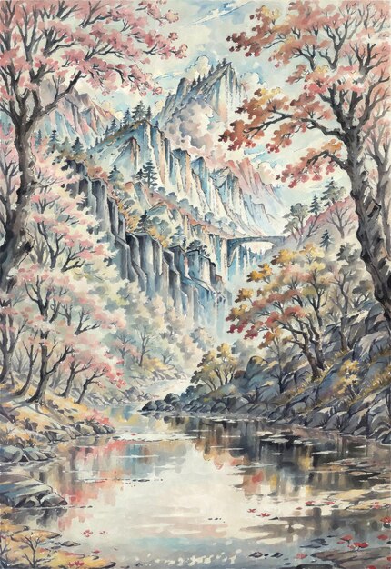 Montañas, ríos y árboles de otoño en el valle, estilo de pintura asiático antiguo.