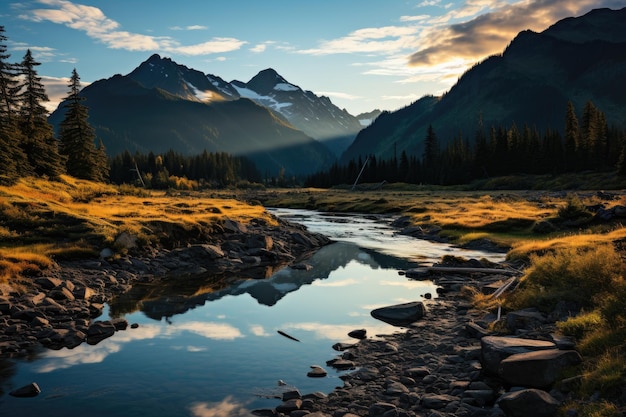 Montañas, ríos y bosques bajo el sol del oeste generativo IA