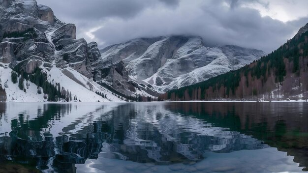 Foto las montañas rocosas cubiertas de nieve se reflejan en el lago braies en italia bajo las nubes de tormenta