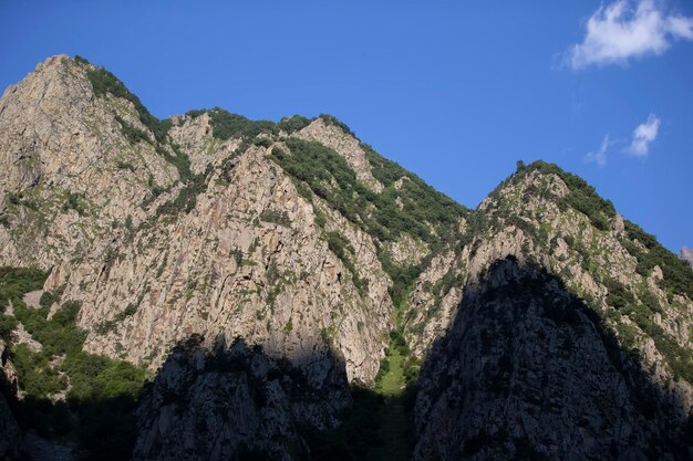 Montañas rocosas cubiertas de vegetación contra el cielo azul