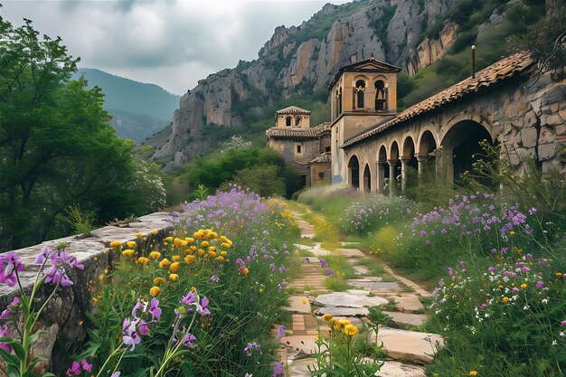 Foto montañas rodean el monasterio abandonado