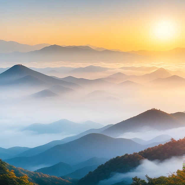 Las montañas Seoraksan están cubiertas por la niebla matutina generada por la IA
