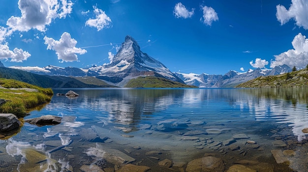 Foto las montañas stellisee y matterhorn en los alpes suizos