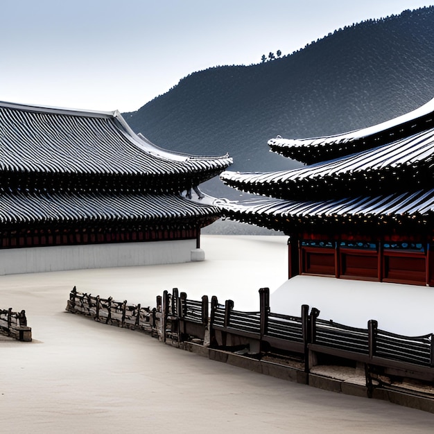 Foto las montañas del templo el amanecer la pagoda la niebla los pinos la arquitectura tradicional la tranquilidad de asia