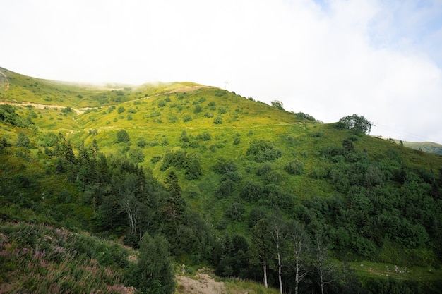 Montañas verdes escénicas y hermosas nubes del cielo para el fondo