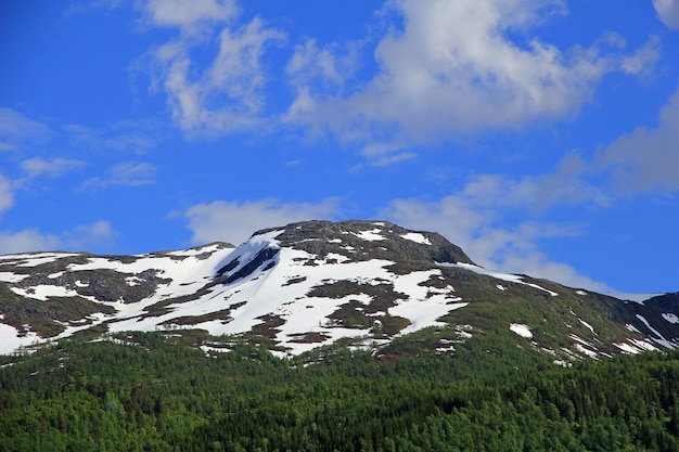 Montañas verdes con pico nevado