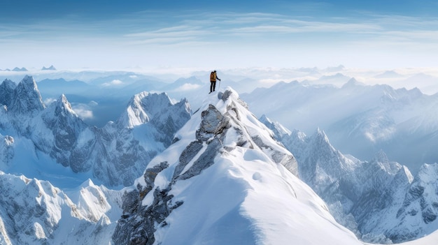 Un montañero se encuentra en la cima de una montaña nevada.