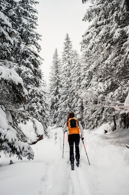 Montañero esquí de travesía caminar esquí alpinista en las montañas Esquí de travesía en paisaje alpino con árboles nevados Aventura deporte de invierno
