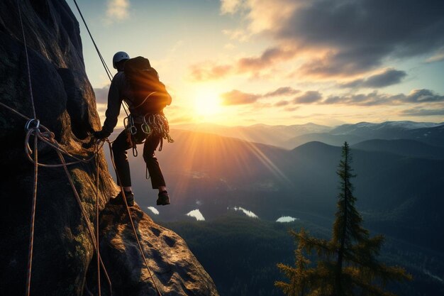 un montañero está escalando una montaña al atardecer