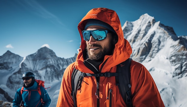 Montañeros escalando los Alpes Escaladores escalando el glaciar con sus mochilas